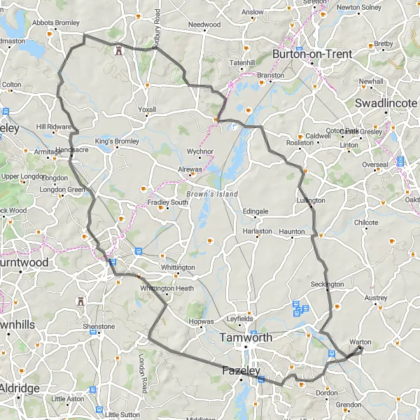 Map miniature of "Scenic Road Cycling Route in Herefordshire, Worcestershire, and Warwickshire" cycling inspiration in Herefordshire, Worcestershire and Warwickshire, United Kingdom. Generated by Tarmacs.app cycling route planner