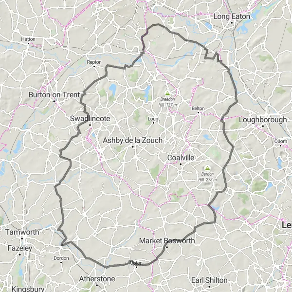 Map miniature of "The Castle Gresley Challenge" cycling inspiration in Herefordshire, Worcestershire and Warwickshire, United Kingdom. Generated by Tarmacs.app cycling route planner
