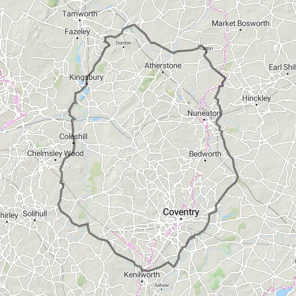 Map miniature of "The Ratcliffe Culey Adventure" cycling inspiration in Herefordshire, Worcestershire and Warwickshire, United Kingdom. Generated by Tarmacs.app cycling route planner