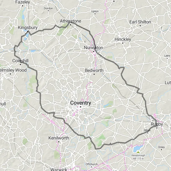 Map miniature of "Rugby and Surrounding Hills" cycling inspiration in Herefordshire, Worcestershire and Warwickshire, United Kingdom. Generated by Tarmacs.app cycling route planner