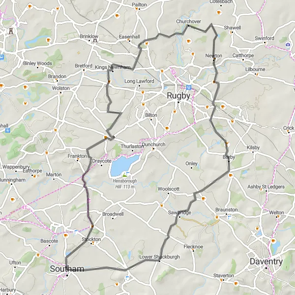 Map miniature of "Southam Circuit" cycling inspiration in Herefordshire, Worcestershire and Warwickshire, United Kingdom. Generated by Tarmacs.app cycling route planner