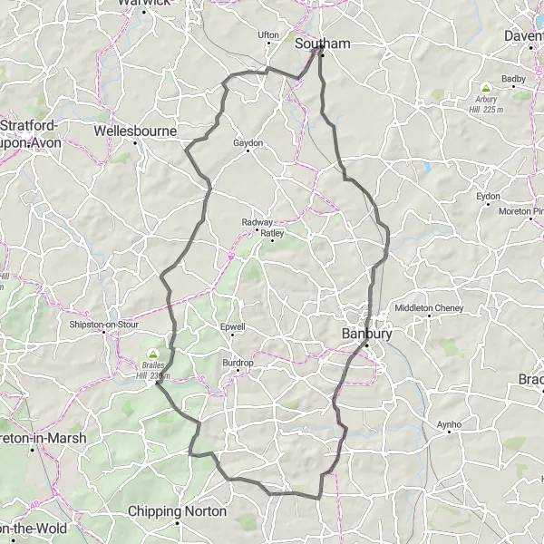 Map miniature of "Southam to Claydon Loop" cycling inspiration in Herefordshire, Worcestershire and Warwickshire, United Kingdom. Generated by Tarmacs.app cycling route planner