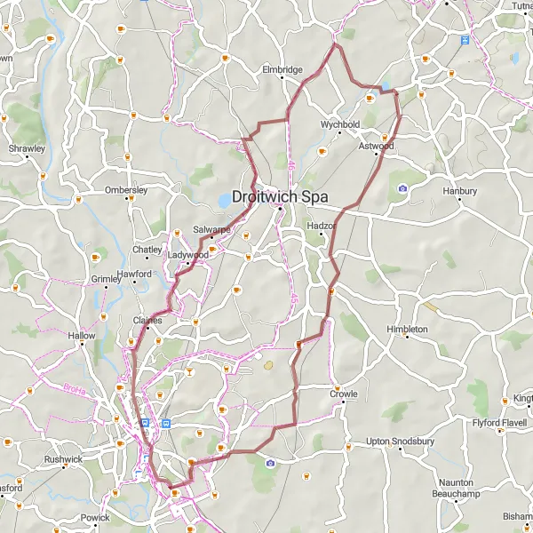 Map miniature of "Gravel Adventure Around Stoke Prior" cycling inspiration in Herefordshire, Worcestershire and Warwickshire, United Kingdom. Generated by Tarmacs.app cycling route planner