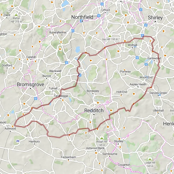 Map miniature of "Tardebigge and Tanworth-in-Arden Gravel Loop" cycling inspiration in Herefordshire, Worcestershire and Warwickshire, United Kingdom. Generated by Tarmacs.app cycling route planner