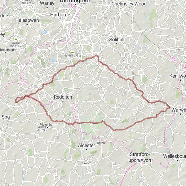 Map miniature of "Alvechurch and Rommell's Hill Gravel Adventure" cycling inspiration in Herefordshire, Worcestershire and Warwickshire, United Kingdom. Generated by Tarmacs.app cycling route planner