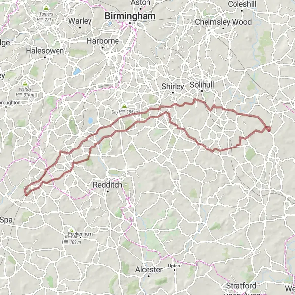 Map miniature of "Wythall and Temple Balsall Gravel Loop" cycling inspiration in Herefordshire, Worcestershire and Warwickshire, United Kingdom. Generated by Tarmacs.app cycling route planner