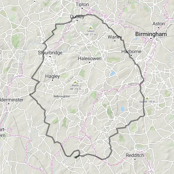 Map miniature of "The Three Counties Loop" cycling inspiration in Herefordshire, Worcestershire and Warwickshire, United Kingdom. Generated by Tarmacs.app cycling route planner
