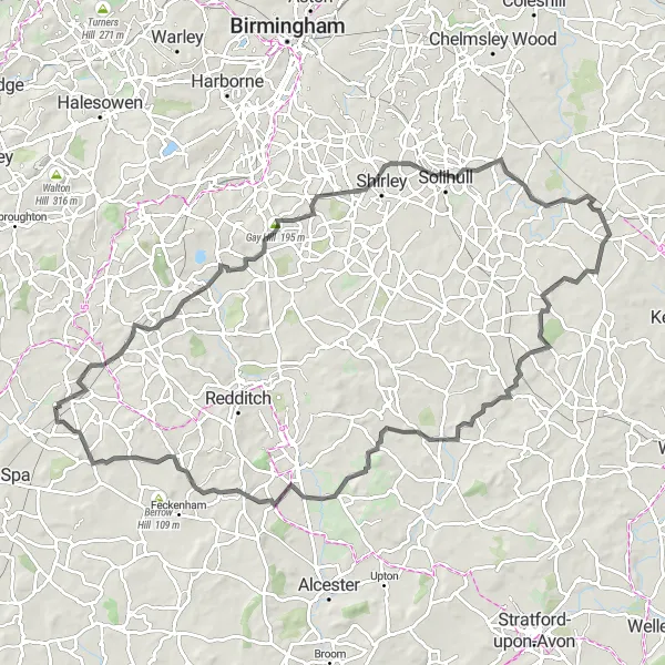 Map miniature of "The Finest Worcestershire Cycling Experience" cycling inspiration in Herefordshire, Worcestershire and Warwickshire, United Kingdom. Generated by Tarmacs.app cycling route planner
