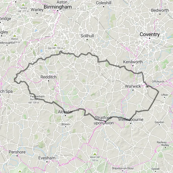 Map miniature of "Stratford-upon-Avon and Feckenham Road Adventure" cycling inspiration in Herefordshire, Worcestershire and Warwickshire, United Kingdom. Generated by Tarmacs.app cycling route planner