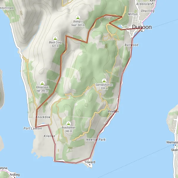 Map miniature of "Innellan and Castle Toward Gravel Trail" cycling inspiration in Highlands and Islands, United Kingdom. Generated by Tarmacs.app cycling route planner