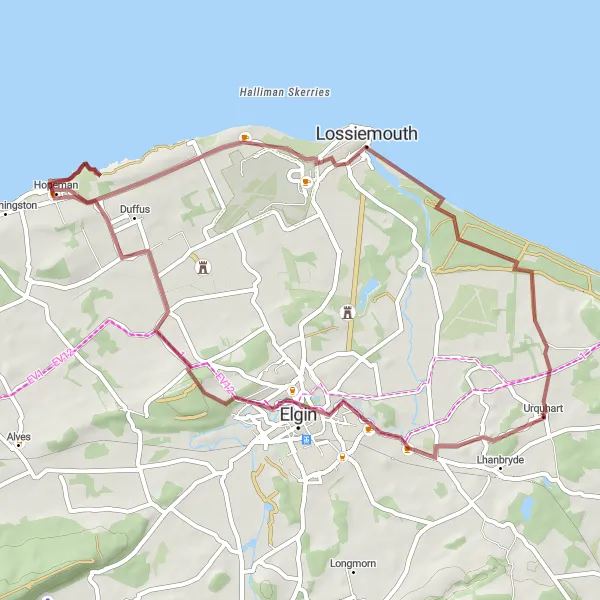 Map miniature of "Coastal Ruins and Beaches Gravel Ride" cycling inspiration in Highlands and Islands, United Kingdom. Generated by Tarmacs.app cycling route planner