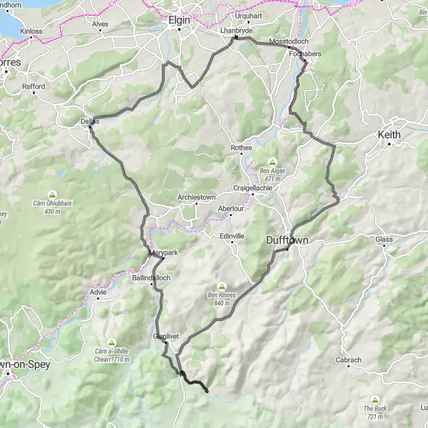 Map miniature of "Lhanbryde to Glenlivet Scenic Tour" cycling inspiration in Highlands and Islands, United Kingdom. Generated by Tarmacs.app cycling route planner