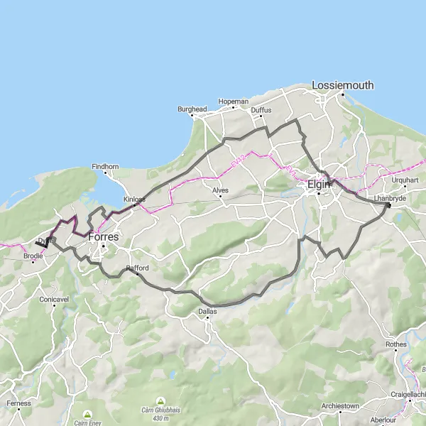Map miniature of "Elgin Explorer Road Ride" cycling inspiration in Highlands and Islands, United Kingdom. Generated by Tarmacs.app cycling route planner