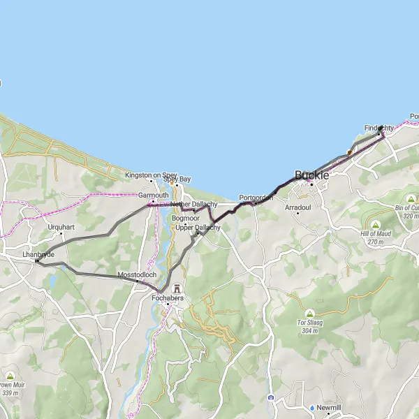 Map miniature of "Lhanbryde to Buckie Loop" cycling inspiration in Highlands and Islands, United Kingdom. Generated by Tarmacs.app cycling route planner