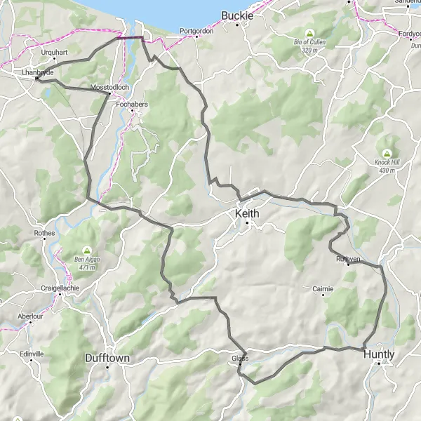 Map miniature of "Lhanbryde to Glass Loop" cycling inspiration in Highlands and Islands, United Kingdom. Generated by Tarmacs.app cycling route planner