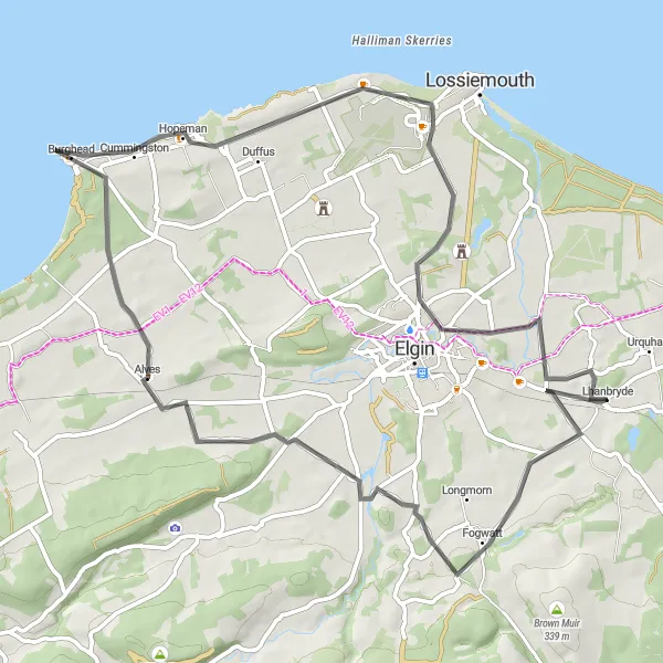 Map miniature of "Lhanbryde to Spynie Palace Loop" cycling inspiration in Highlands and Islands, United Kingdom. Generated by Tarmacs.app cycling route planner