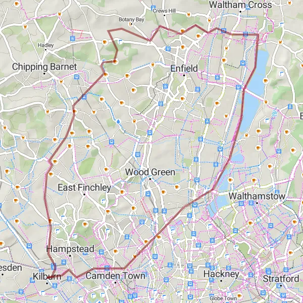 Map miniature of "Archway Gravel Adventure" cycling inspiration in Inner London — East, United Kingdom. Generated by Tarmacs.app cycling route planner