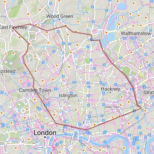 Map miniature of "Hills and Historic Landmarks Gravel Ride" cycling inspiration in Inner London — East, United Kingdom. Generated by Tarmacs.app cycling route planner