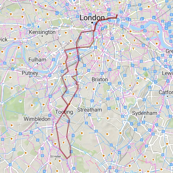 Map miniature of "The Hidden Gems of London Gravel Ride" cycling inspiration in Inner London — East, United Kingdom. Generated by Tarmacs.app cycling route planner