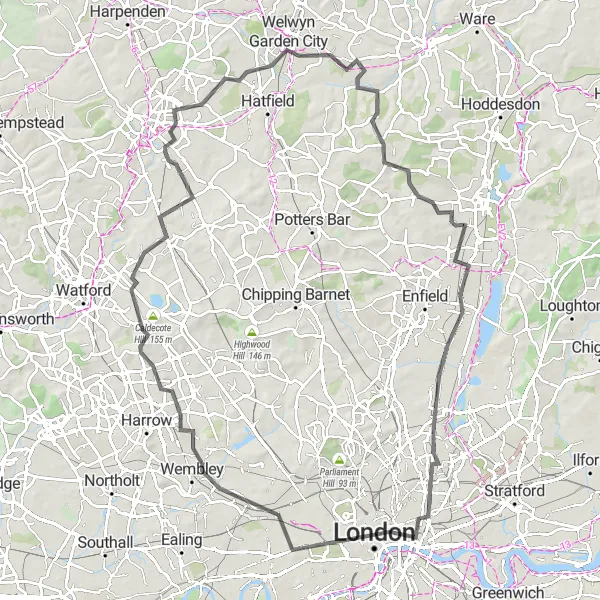 Map miniature of "The Archway to Bank of England Loop" cycling inspiration in Inner London — East, United Kingdom. Generated by Tarmacs.app cycling route planner