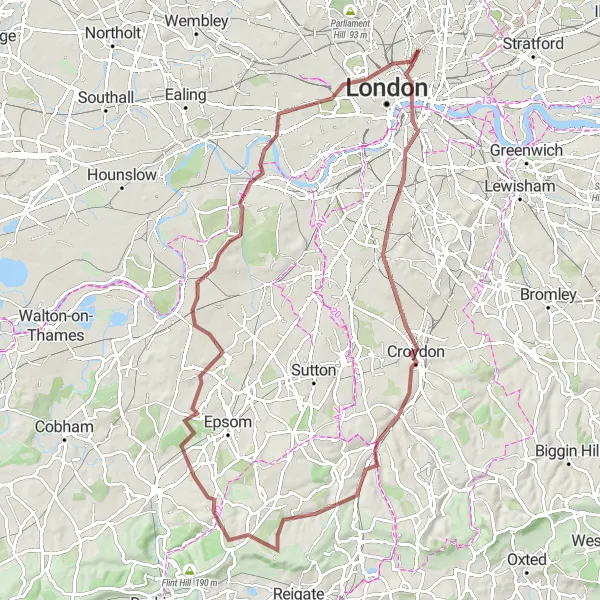 Map miniature of "London Southwest Loop" cycling inspiration in Inner London — East, United Kingdom. Generated by Tarmacs.app cycling route planner