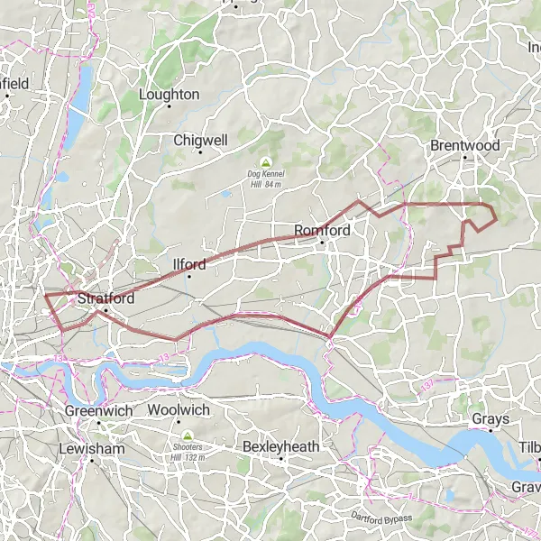 Map miniature of "East London Gravel Loop" cycling inspiration in Inner London — East, United Kingdom. Generated by Tarmacs.app cycling route planner