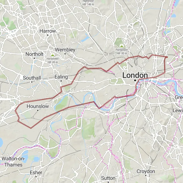 Map miniature of "London Gravel Adventure" cycling inspiration in Inner London — East, United Kingdom. Generated by Tarmacs.app cycling route planner