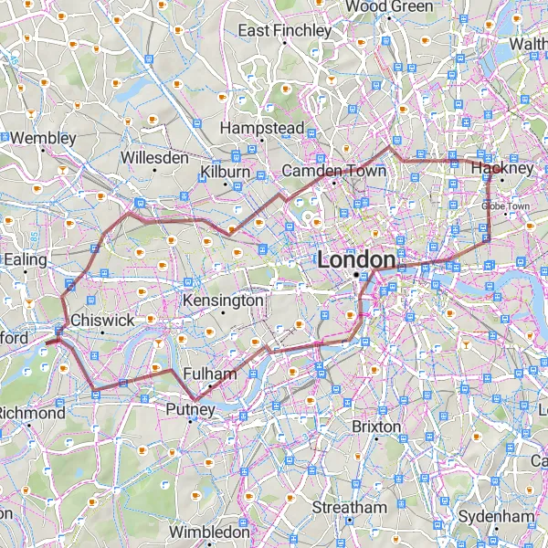 Map miniature of "The Thames Trail" cycling inspiration in Inner London — East, United Kingdom. Generated by Tarmacs.app cycling route planner