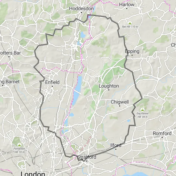 Map miniature of "Epping Forest Escape" cycling inspiration in Inner London — East, United Kingdom. Generated by Tarmacs.app cycling route planner