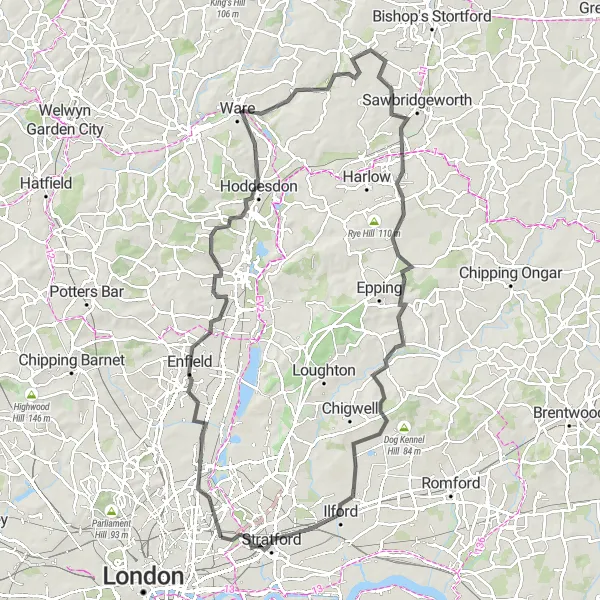Map miniature of "Enfield to Ware Adventure" cycling inspiration in Inner London — East, United Kingdom. Generated by Tarmacs.app cycling route planner