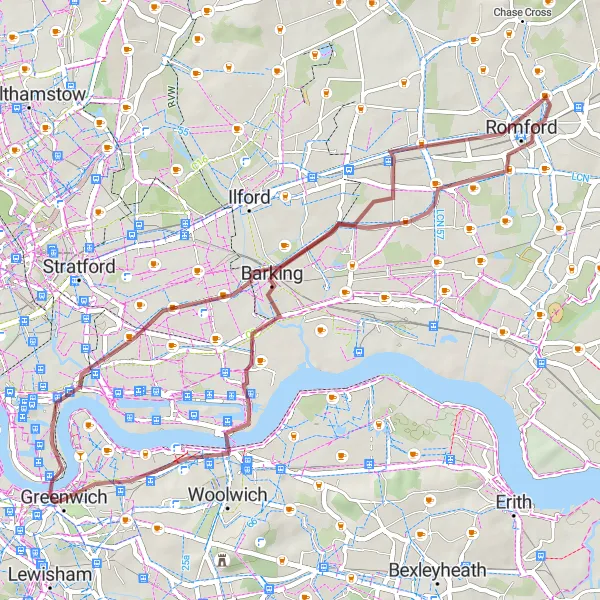 Map miniature of "The Gravel Adventure" cycling inspiration in Inner London — East, United Kingdom. Generated by Tarmacs.app cycling route planner
