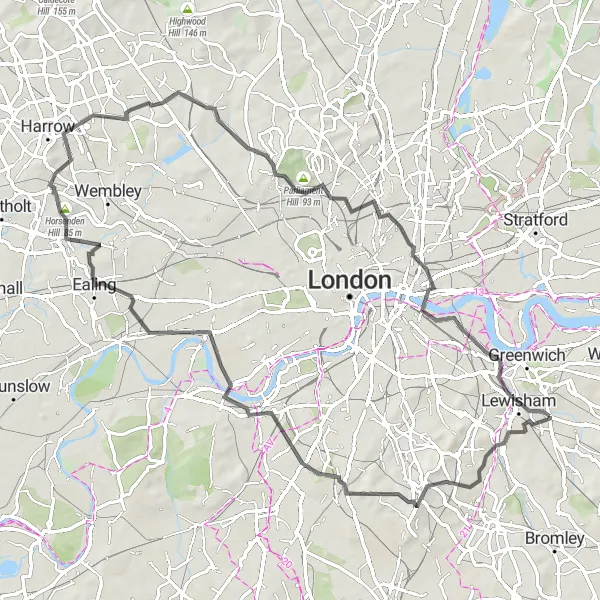 Map miniature of "The Hill Climbers' Challenge" cycling inspiration in Inner London — East, United Kingdom. Generated by Tarmacs.app cycling route planner