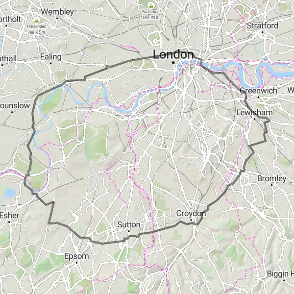 Map miniature of "The Surrey Escapade" cycling inspiration in Inner London — East, United Kingdom. Generated by Tarmacs.app cycling route planner