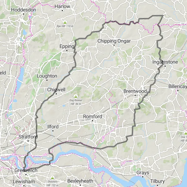 Map miniature of "Challenging Essex Loop" cycling inspiration in Inner London — East, United Kingdom. Generated by Tarmacs.app cycling route planner