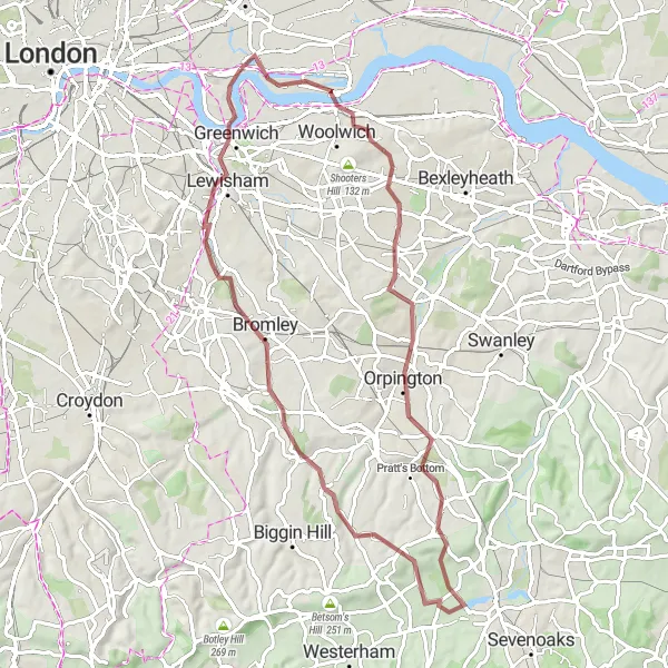 Map miniature of "Wilderness Gravel Adventure" cycling inspiration in Inner London — East, United Kingdom. Generated by Tarmacs.app cycling route planner