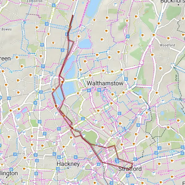 Map miniature of "East London Greenway Gravel Ride" cycling inspiration in Inner London — East, United Kingdom. Generated by Tarmacs.app cycling route planner