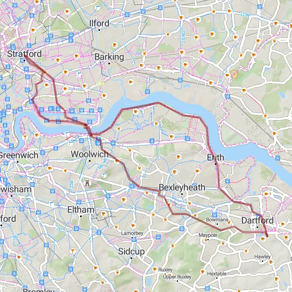 Map miniature of "The Gravel Way" cycling inspiration in Inner London — East, United Kingdom. Generated by Tarmacs.app cycling route planner