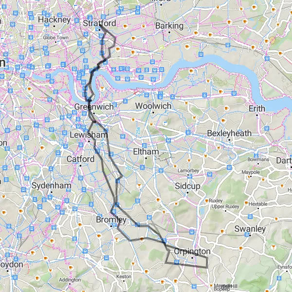 Map miniature of "Bow to Greenwich Loop" cycling inspiration in Inner London — East, United Kingdom. Generated by Tarmacs.app cycling route planner