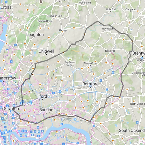 Map miniature of "The East End Explorer" cycling inspiration in Inner London — East, United Kingdom. Generated by Tarmacs.app cycling route planner