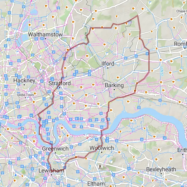 Map miniature of "Historic Mill and Riverside Exploration" cycling inspiration in Inner London — East, United Kingdom. Generated by Tarmacs.app cycling route planner