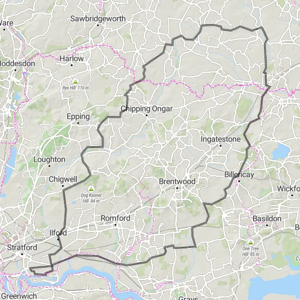 Map miniature of "Coastal Ride and Picturesque Villages" cycling inspiration in Inner London — East, United Kingdom. Generated by Tarmacs.app cycling route planner