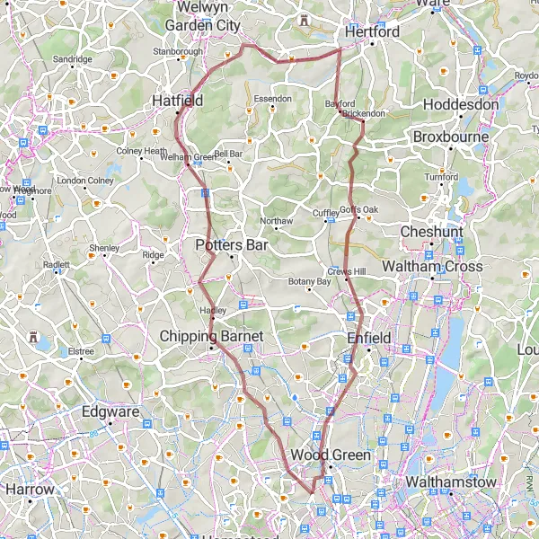 Map miniature of "Chipping Barnet Escape" cycling inspiration in Inner London — East, United Kingdom. Generated by Tarmacs.app cycling route planner