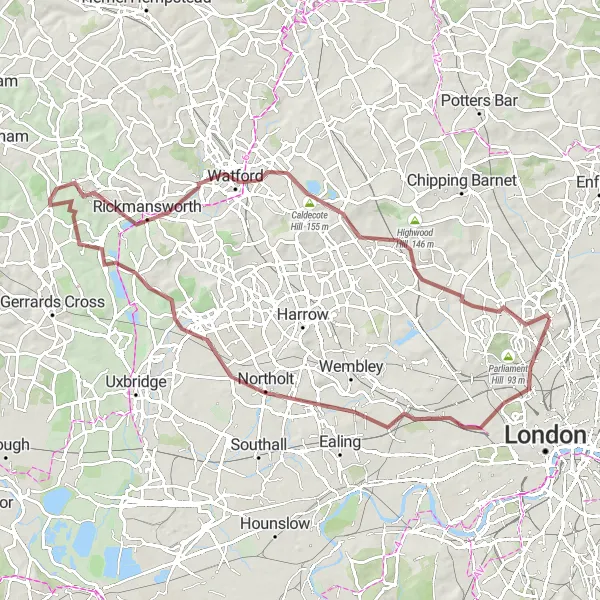 Map miniature of "Paddington to Ruislip Gravel Adventure" cycling inspiration in Inner London — East, United Kingdom. Generated by Tarmacs.app cycling route planner