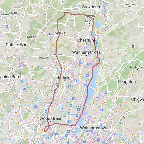 Map miniature of "Enfield Exploration" cycling inspiration in Inner London — East, United Kingdom. Generated by Tarmacs.app cycling route planner