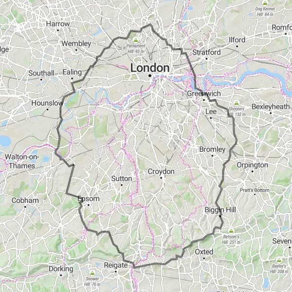 Map miniature of "Greenwich to Hampshire Loop" cycling inspiration in Inner London — East, United Kingdom. Generated by Tarmacs.app cycling route planner