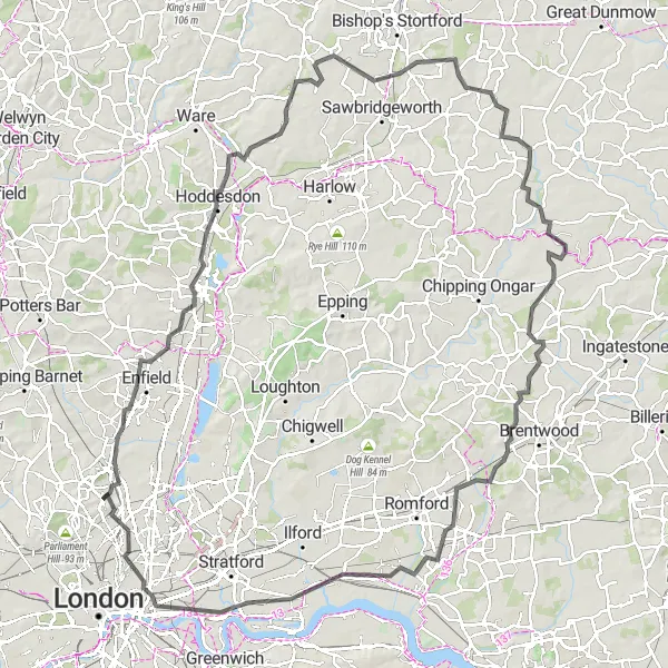 Map miniature of "Hornsey Hills and More" cycling inspiration in Inner London — East, United Kingdom. Generated by Tarmacs.app cycling route planner