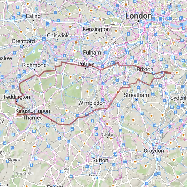 Map miniature of "Balham to Brixton Gravel Adventure" cycling inspiration in Inner London — East, United Kingdom. Generated by Tarmacs.app cycling route planner