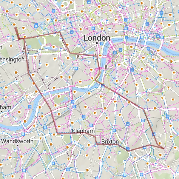 Map miniature of "Royal Parks and East Dulwich Gravel Ride" cycling inspiration in Inner London — East, United Kingdom. Generated by Tarmacs.app cycling route planner