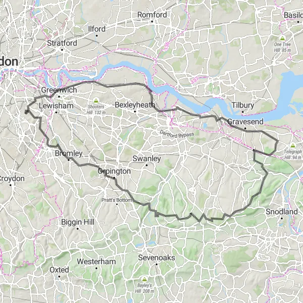 Map miniature of "East Dulwich to Orpington Loop" cycling inspiration in Inner London — East, United Kingdom. Generated by Tarmacs.app cycling route planner