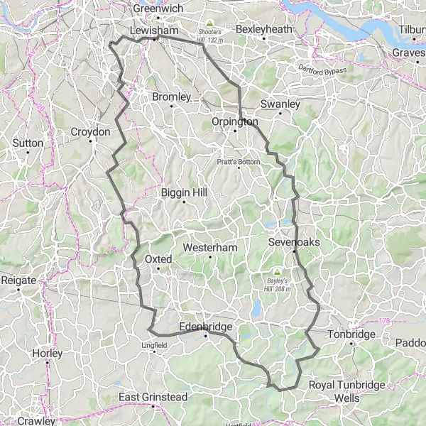 Map miniature of "East Dulwich to Hever Castle Loop" cycling inspiration in Inner London — East, United Kingdom. Generated by Tarmacs.app cycling route planner